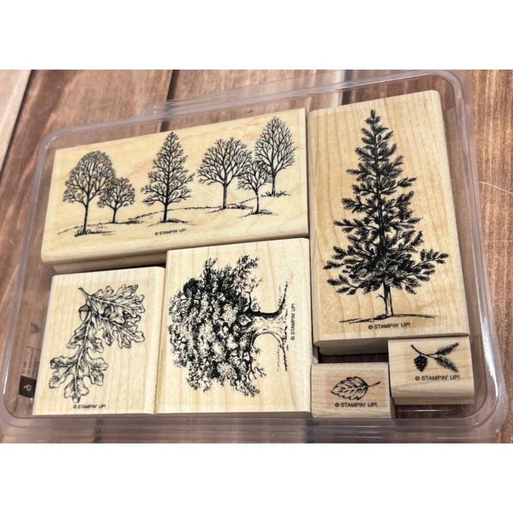 Stampin Up! Lovely As A Tree Wood-Mounted Rubber Stamp Set OF 6 LEAF ACORN PINE